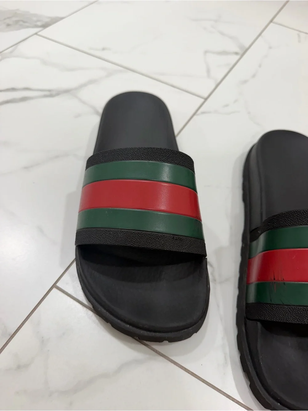 Men's Black Slide Sandals with Red and Green Stripes